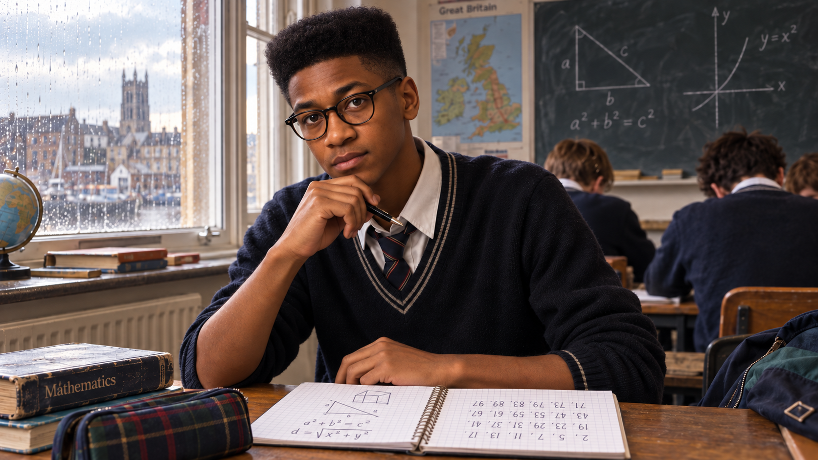 Marcus Hale at sixteen studying mathematics in a classroom in Gloucester, England