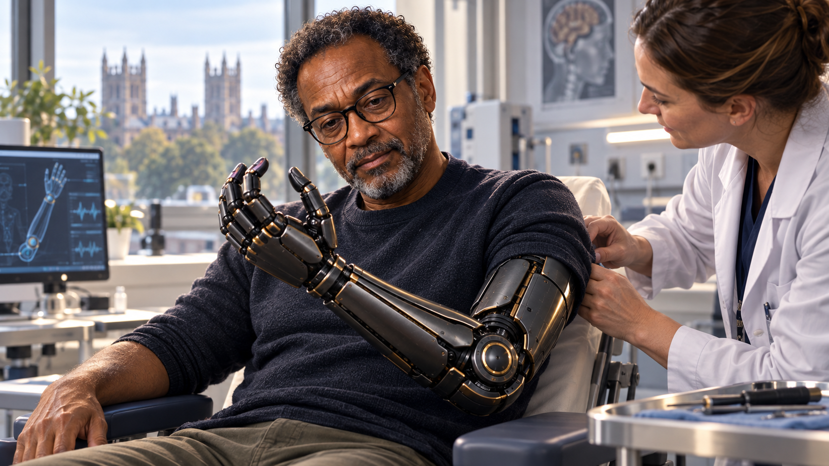 Marcus Hale receiving and testing his advanced robotic left arm in 2028