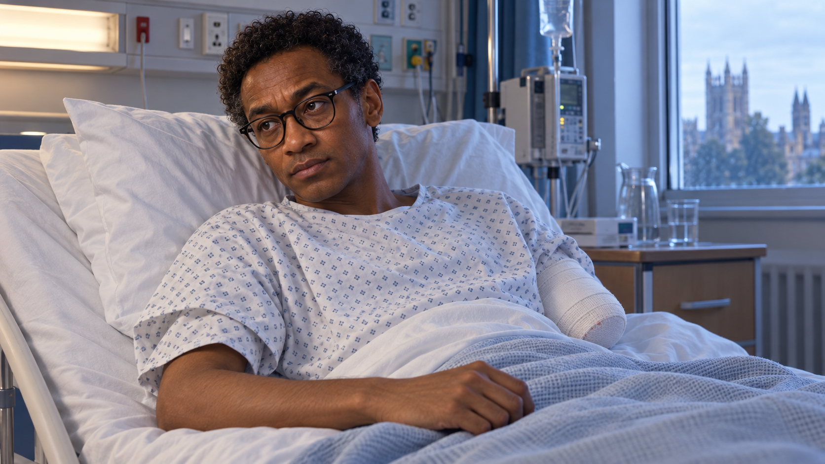 A young Marcus Hale recovering in the hospital after the accident that took his left arm